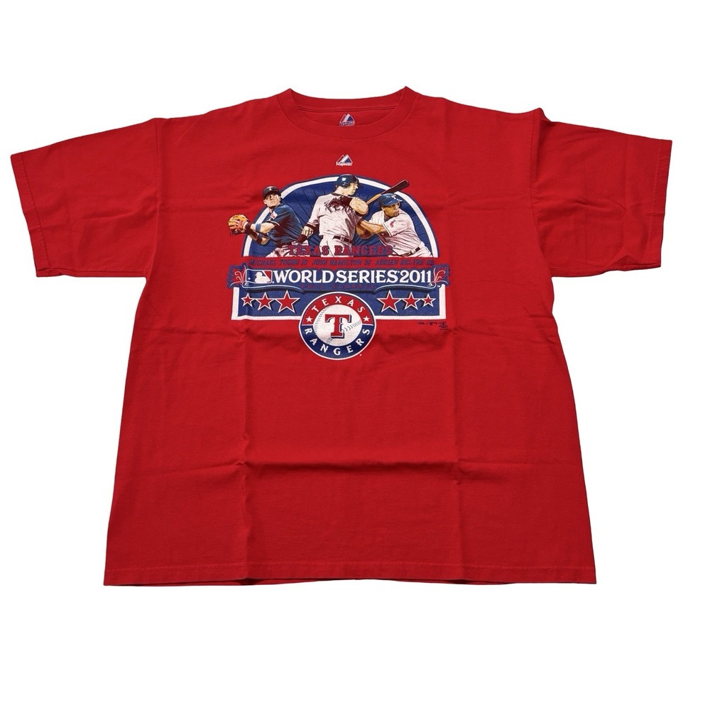 Majestic Texas Rangers 2011 World Series T Shirt Young Hamilton Beltre XL 24x29